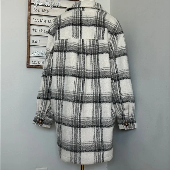 Long Faux Wool Shacket/Jacket Gray & Ivory/White Large Plaid Pattern Lined Large - Picture 8 of 12